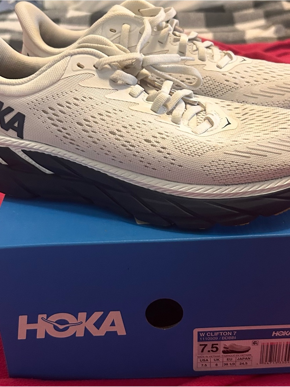 Hoka Women's Clifton 7 Running Shoe in White and Black